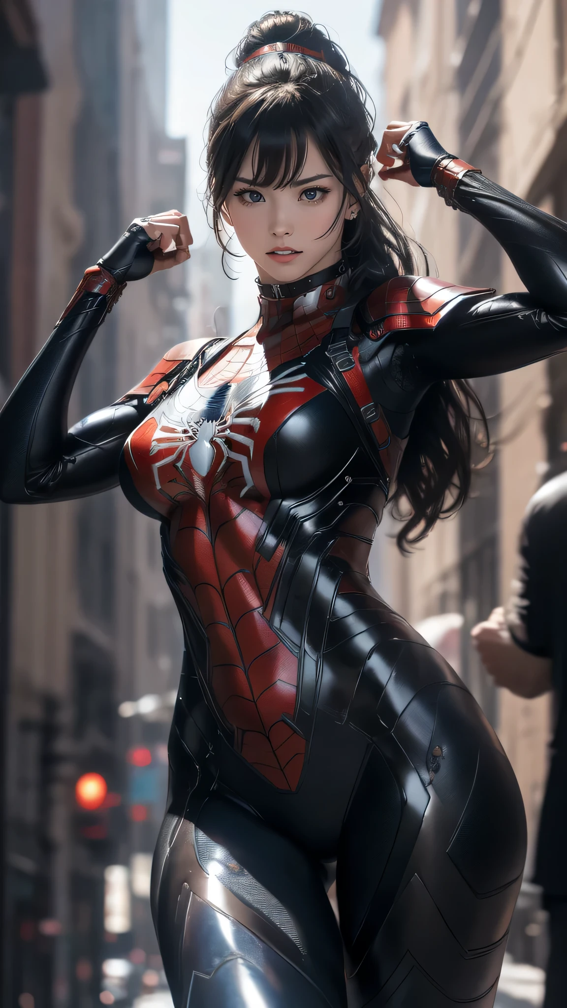 spiderman mecha armor,(random pose:1.2),(random hairstyle),(large breasts),(Highest image quality, (8K), Ultra-realistic, Best Quality, High quality, High Definition, high quality texture, high detailing, Beautiful detailed, fine detailed, extremely details CG, Detailed texture, realistic representation of face, masterpiece, presence),black pantyhose