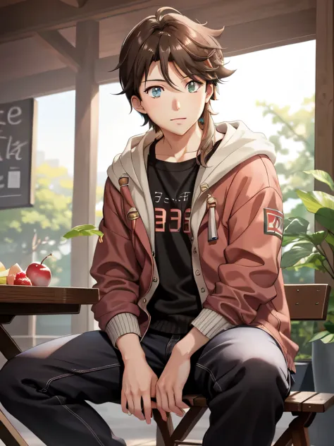 there is a young man sitting on a bench with a bowl of fruit, realistic artstyle, realistic anime 3 d style, realism artstyle, f...