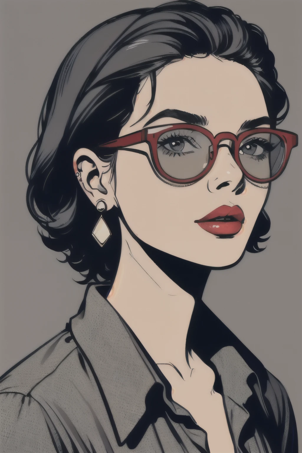 pop art,1girl,solo,reading glasses, shirt,jewelry,closed mouth,upper body,earrings,lips,looking at viewer,red lips,
(((Simple grey background)))