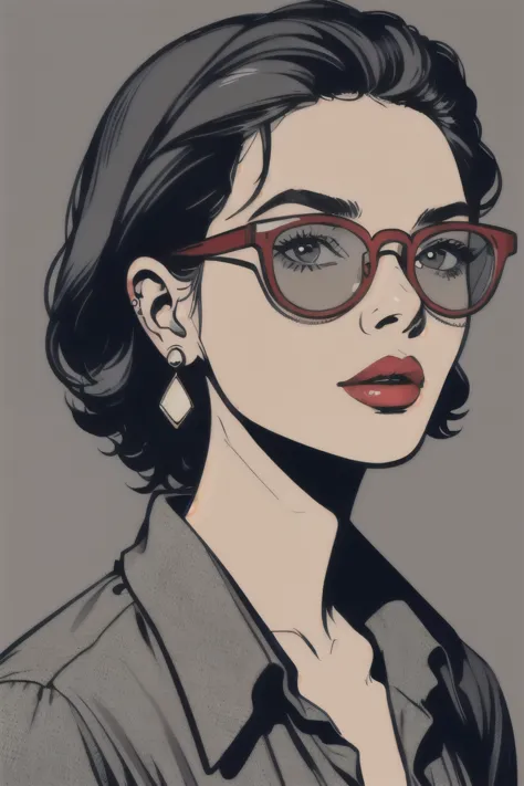 pop art,1girl,solo,reading glasses, shirt,jewelry,closed mouth,upper body,earrings,lips,looking at viewer,red lips,
(((Simple gr...