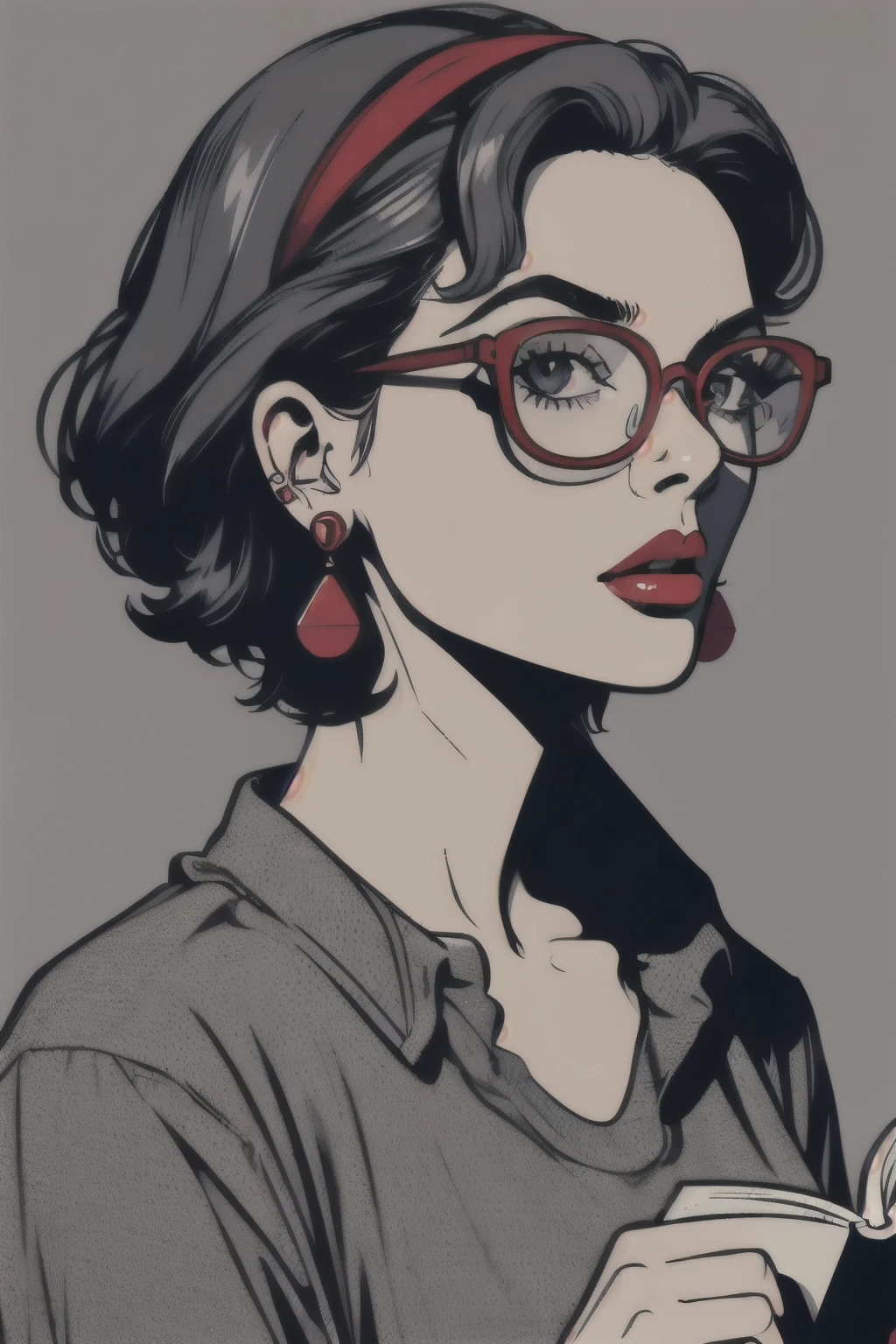 pop art,1girl,solo,reading glasses, shirt,jewelry,closed mouth,upper body,earrings,lips,looking at viewer,red lips,
(((Simple grey background)))