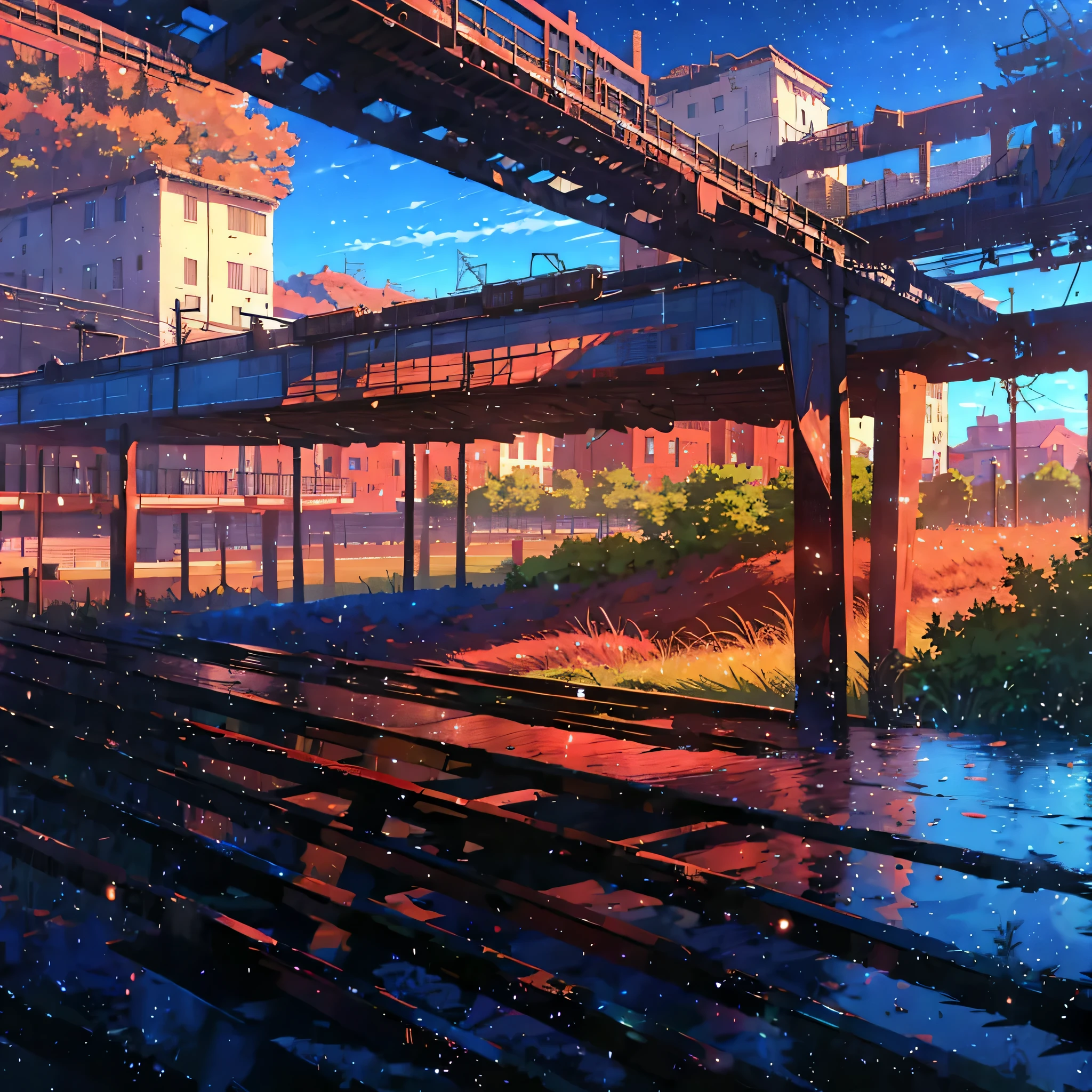 Anime train crossing track and sky background, beautiful and harmonious scene, exquisite animation, rich details (width is 672), high quality, clarity 4k, artistic 4k wallpaper, stunning anime landscape, 8k art wallpaper.