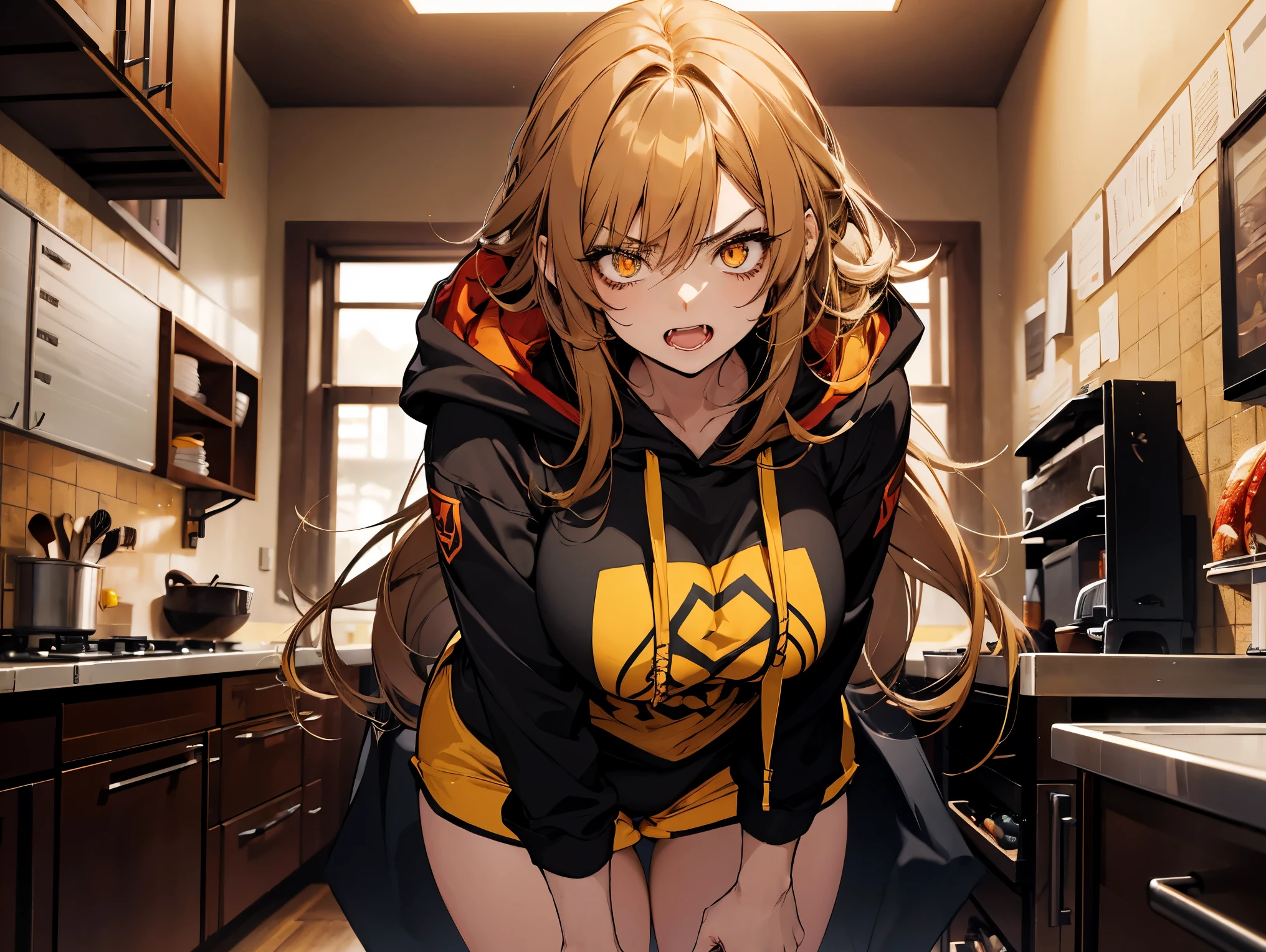 1 female, teacher, wearing dark yellow hoodie, brown bootyshorts, Thicc, dark yellow hair, long hair, red glowing eyes, face to detail, detailed eyes, the background is a dark kitchen, showing her fangs, angry,