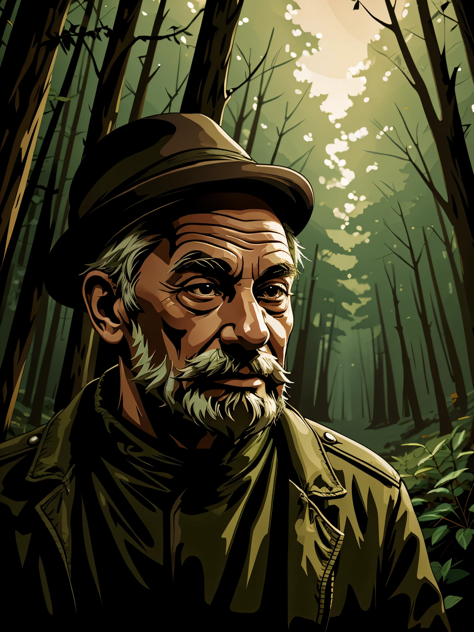 vieil homme dans la forêt, vecteur, mwvecteur, paysage