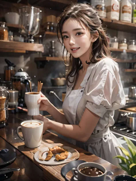 muste piece、high resolution、the coffee shop of the future、a woman brewing delicious coffee、２５old girl、１girl shop assistant、looki...