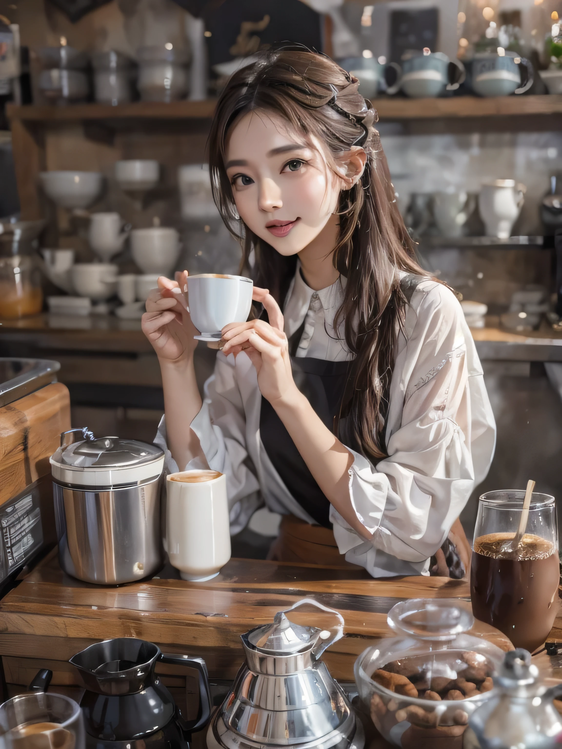 muste piece、High resolution、The coffee shop of the future、A woman brewing delicious coffee、２５old girl、１Girl shop assistant、looking at the camera、smile、The result is exactly as pictured、Coffee and beauty、White and beautiful skin、