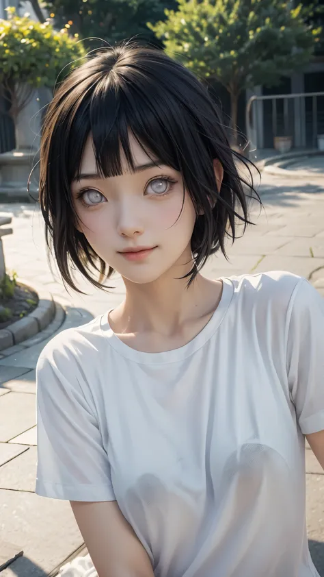 anime character, Hinata Hyuga, plain white t-shirt, selfie, smiling expression, portrait, realistic light and shadow, natural, v...