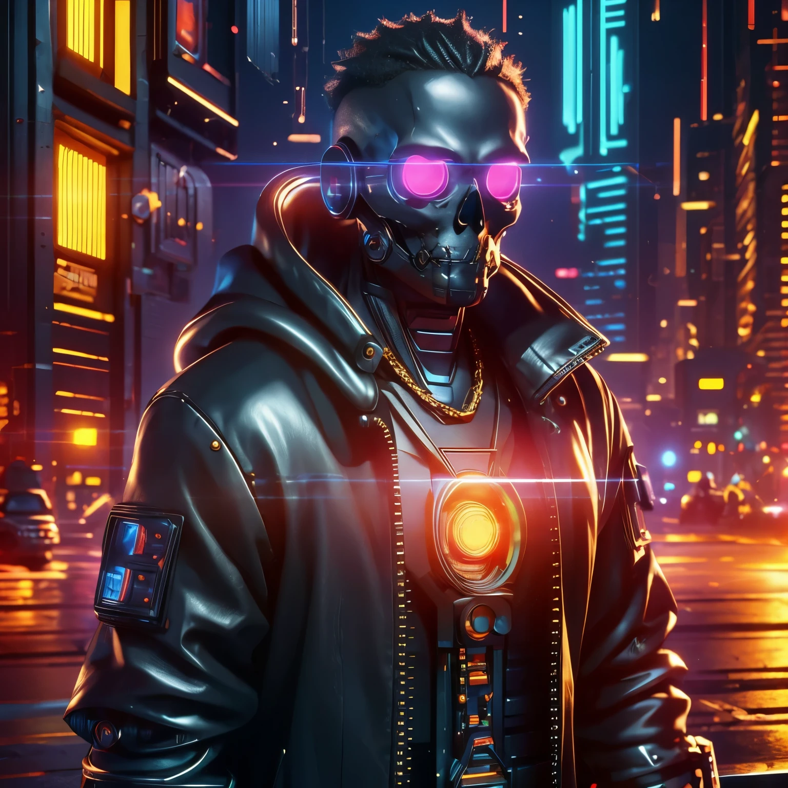 Maschine, Cyberpunk, schwarzer Ledermantel, Goldkette, Totenkopf, Fernlicht-Augen, Hochauflösendes Porträt, Ganzkörper, Fantasie, leuchtende Farben, sanfte Beleuchtung, 3D, HDR, Sehr detailiert, HD, 8K original, Meisterwerk, Hintergrund, Cyberpunk City, RTX