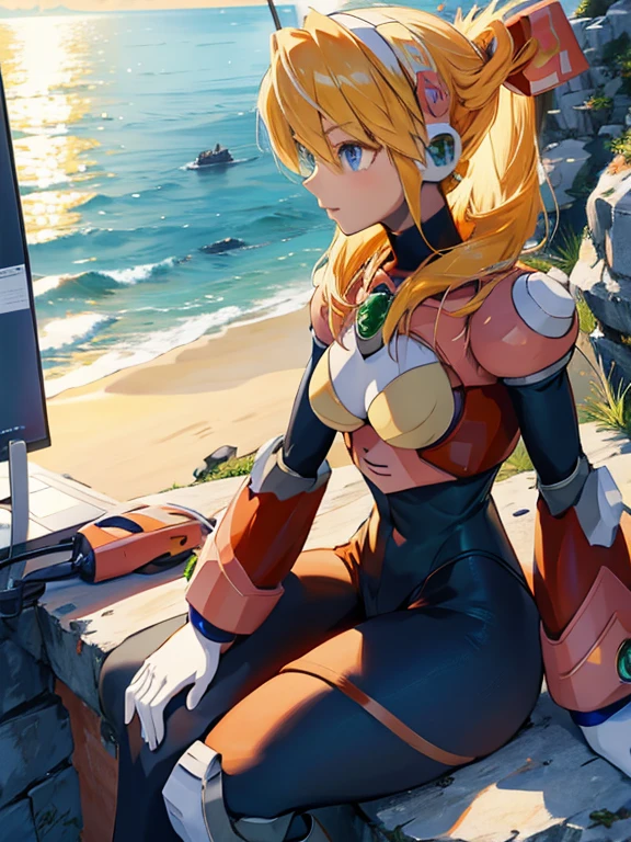 alia_megamanx, 1girl, side shot, breasts, blue eyes, blonde hair, android, long hair, robot ears,taking sun, overlooking the ocean on the edge of a rock, in the style of avian-themed, realistic yet stylized, villagecore, azure, orange and azure, dragoncore, multi- view