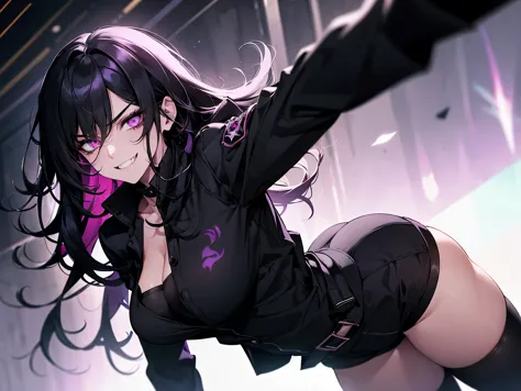 1 female, teacher, wearing a black jacket, revealing tight black shirt, bootyshorts, Thicc, black hair, long hair, purple glowin...