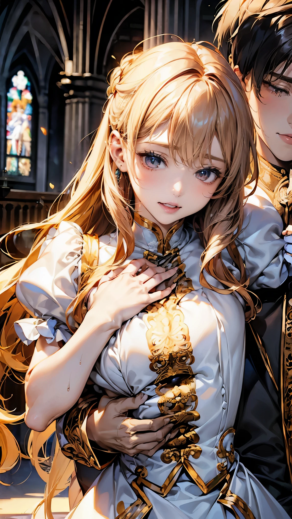 In front of the altar of a majestic church、（blurred background）、brighter light、golden long hair girl、classic white wedding dress、（elegant luster）、（lots of races）、lots of ribbons、((voluminous puff sleeves))、long cuffs with many buttons、golden embroidery、long train、White embroidered gloves、five fingers、(sexual climax), redness of cheeks, ((1 boy, a boy is grabbing girl’s breasts from behind:1.6)), (arms up)
