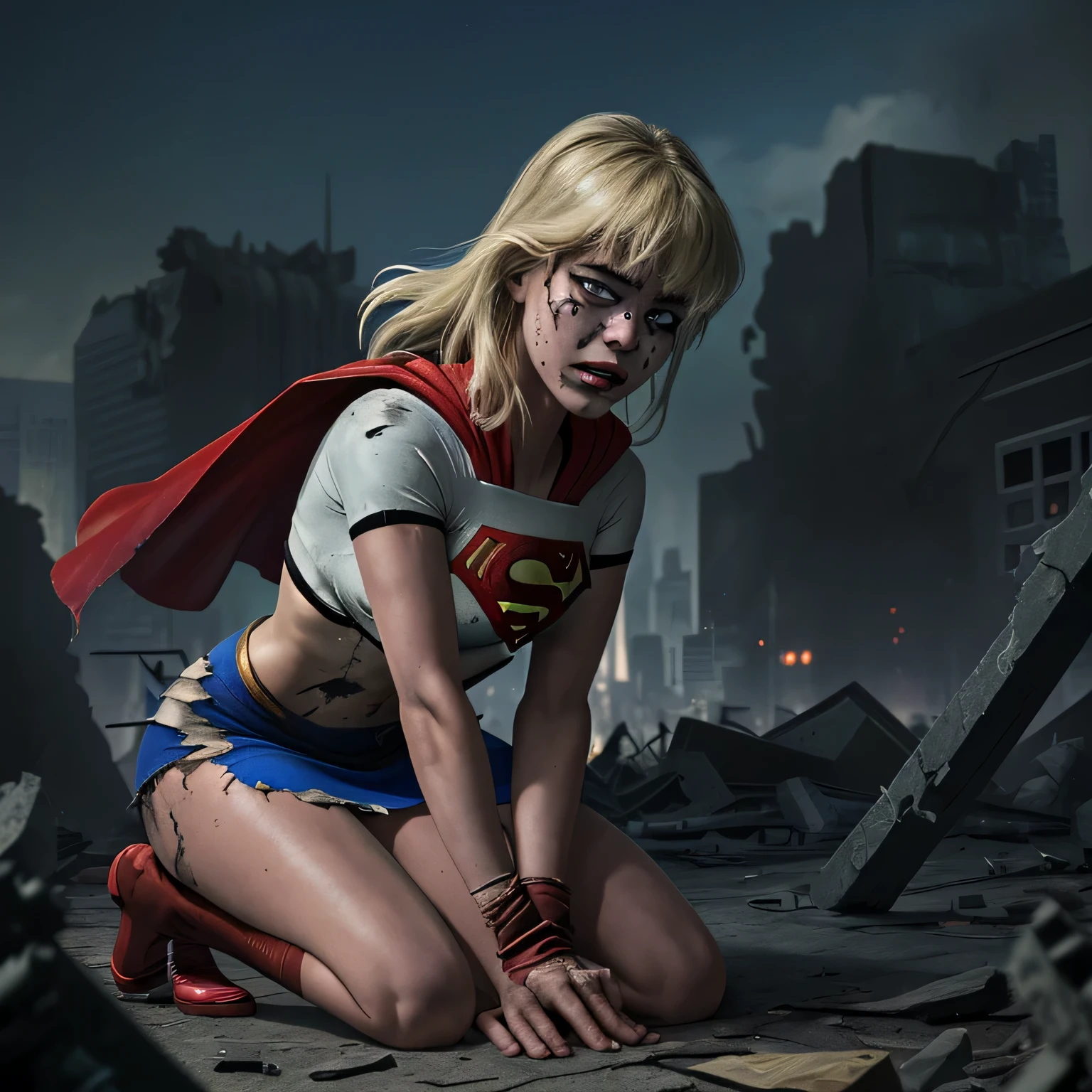 Supergirl,espancado duramente,traje rasgado e esfarrapado,levantando-se de joelhos,cortes e hematomas em todos os lugares,sangramento nasal,olho roxo,guerra dilacerada, fundo da cidade destruída, obra de arte, maxres
