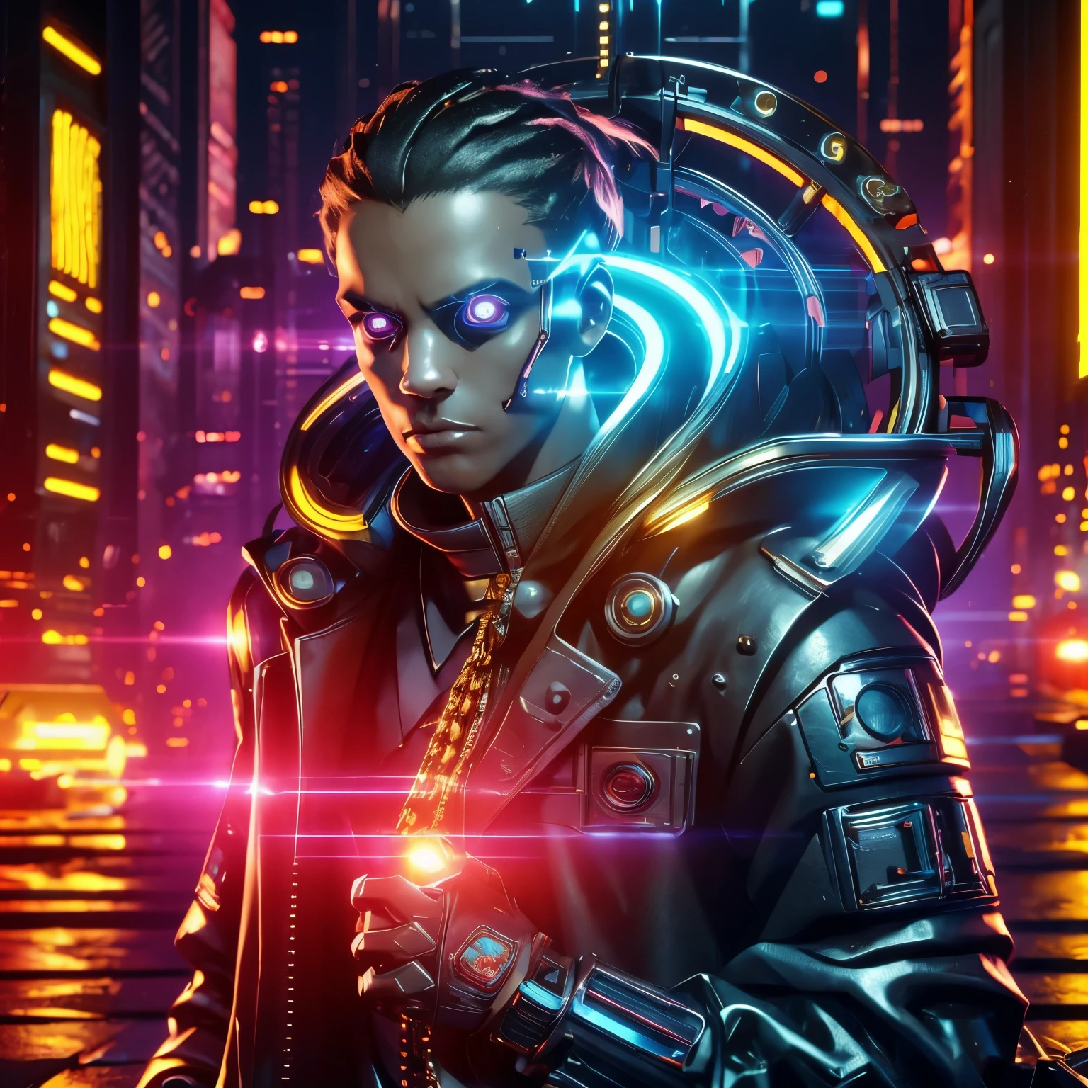 machine, cyberpunk, manteau en cuir noir, chaîne en or, crâne, Yeux de feux de route, portrait haute résolution, Tout le corps, fantaisie, couleurs vives, Éclairage doux, 3D, hdr, Très détaillé, HD, 8K authentique, chef-d&#39;œuvre, arrière-plan, cyberpunk City, RTX