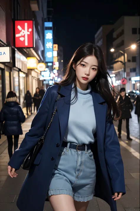 (realistic、highest resolution:1.3)、A woman in a blue coat is walking down the street, 1 Korean beauty, different actions, clothe...