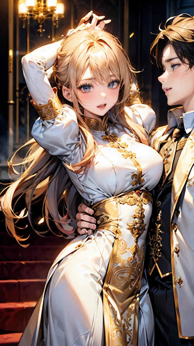 In front of the altar of a majestic church、（blurred background）、brighter light、golden long hair girl、classic white wedding dress、（elegant luster）、（lots of races）、lots of ribbons、((voluminous puff sleeves))、long cuffs with many buttons、golden embroidery、long train、White embroidered gloves、five fingers、(sexual climax), redness of cheeks, ((1 boy, a boy is grabbing girl’s breasts from behind:1.6)), (arms up:1.4)