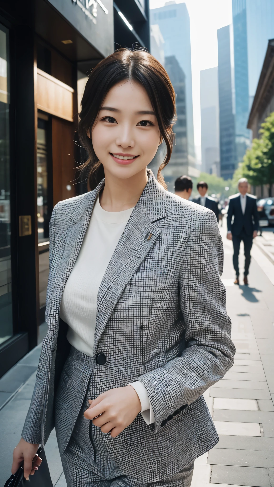 (real photo)（Ultra high definition）（masterpiece）（textured skin）（very detailed）（high quality）（最high quality）（first person perspective）16k ,Beautiful woman in a suit walking near Marunouchi、smiling