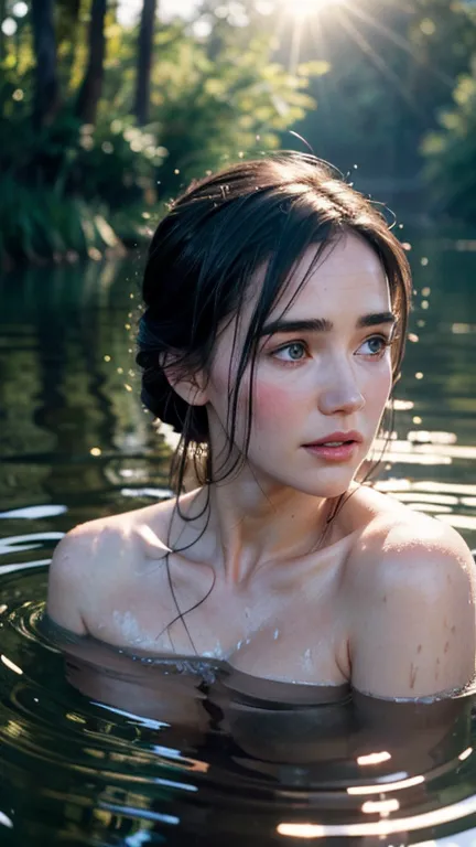 close up portrait of a cute woman (Jennifer Connelly) bathing in a river, reeds, (backlighting), realistic, masterpiece, Soaked ...
