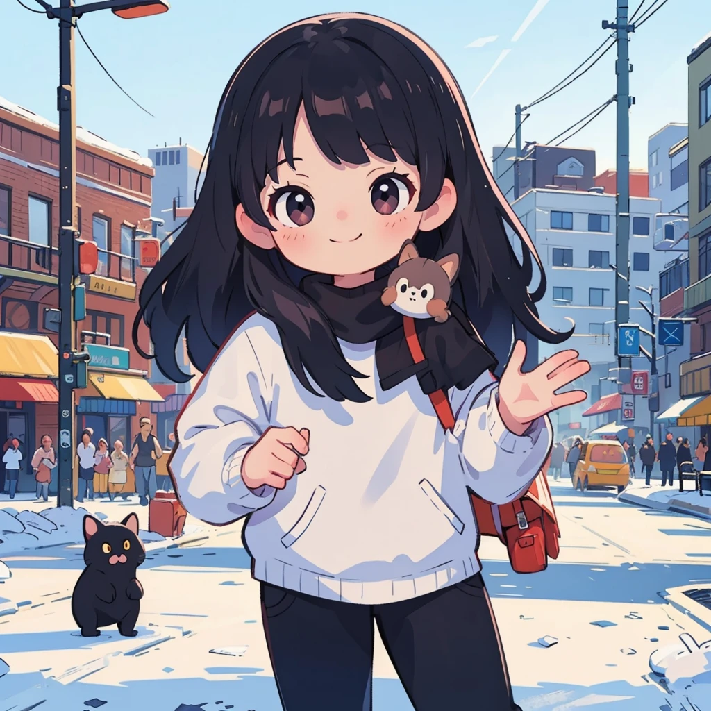 (best quality,4k,highres,masterpiece:1.2),ultra-detailed,realistic,cowgirl,smiling,girl with black hair,observing the audience,winter,downtown.