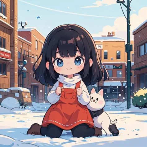 An ultra-detailed, realistic cowgirl with black hair is smiling and observing the audience in a downtown winter scene. The image...