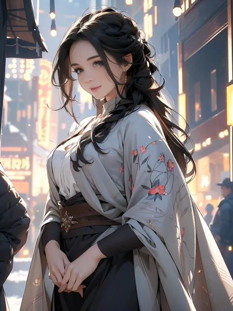 an ultra-detailed, realistic cowgirl with black hair is smiling and observing the audience in a downtown winter scene. the image...