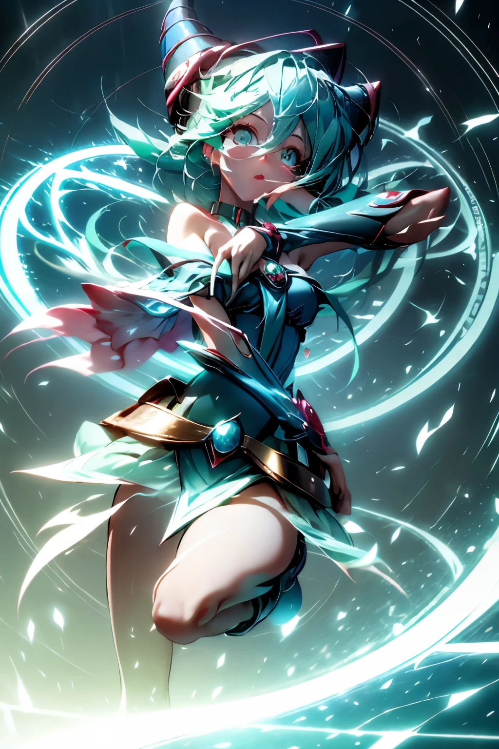 Hatsune Miku disfrazada de dark magician gils. Cabello celeste extra largo. Ojos verdes. Fondo Círculo Mágico. 