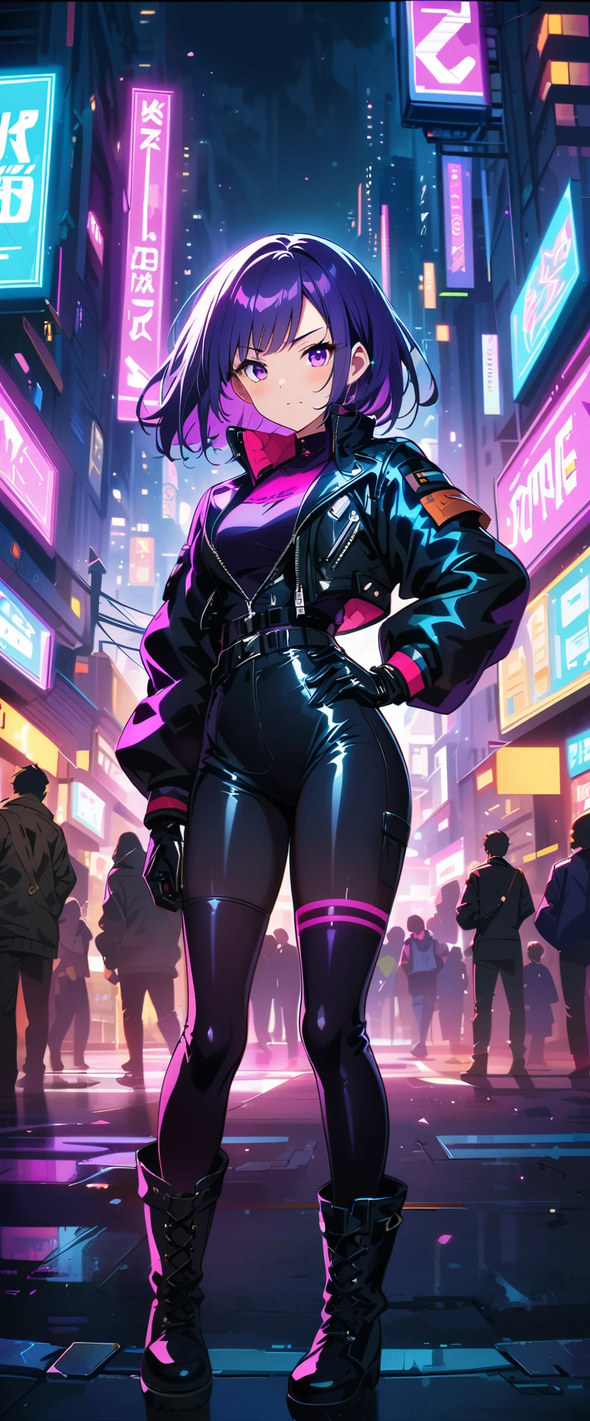 shiny skin,shiny clothes,shiny hair,extremely detailed CG,neon lights,cyberpunk city,leather jacket,leather gloves,purple short hair,trouser,bodysuit under clothes,boots,thighhighs,