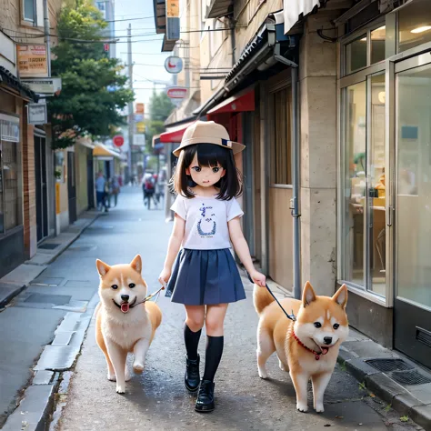 shiba inu girls chibi walking on a leash with girls