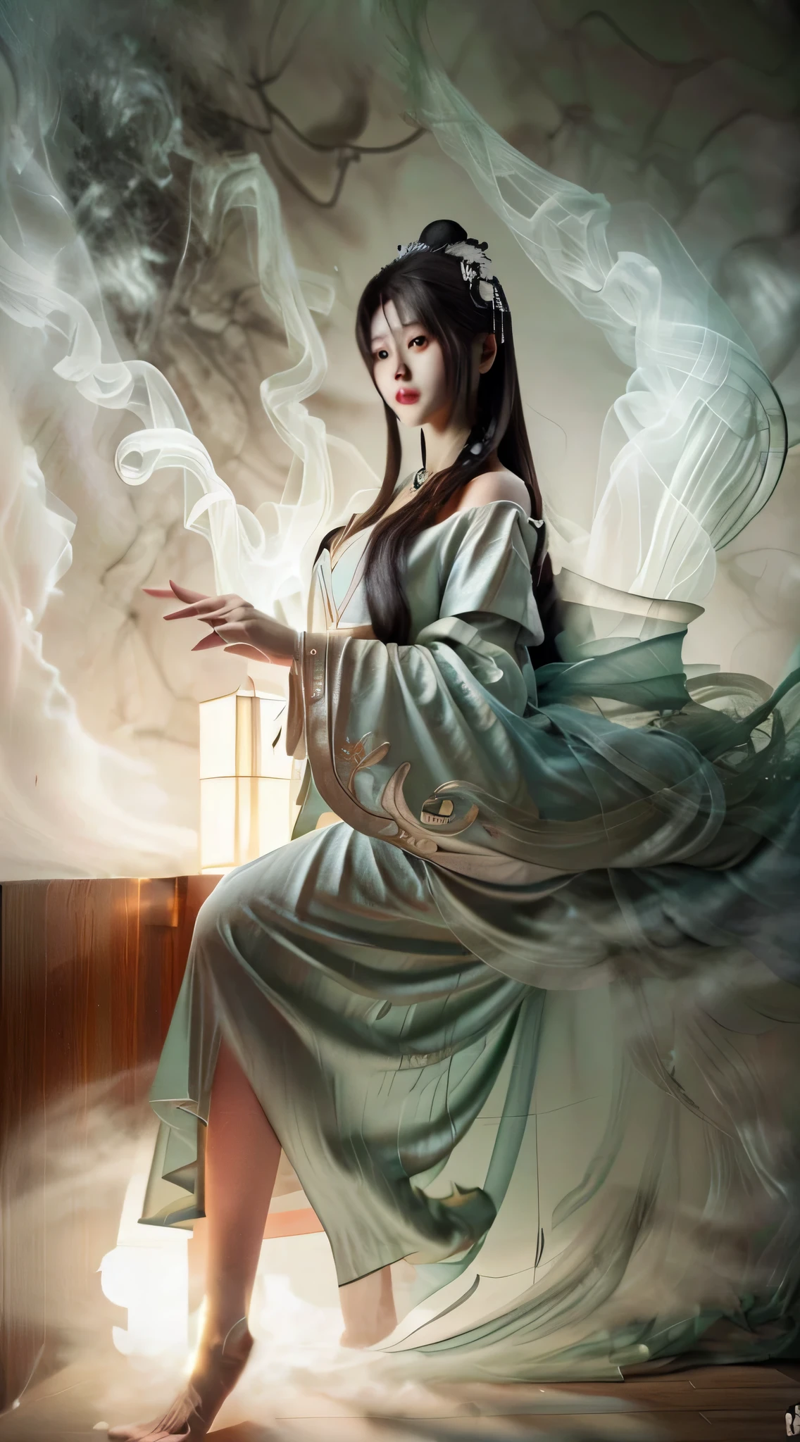 (Best quality,4K,8K,A high resolution,Masterpiece:1.2),Ultra-detailed,(Realistic,Photorealistic,photo-realistic:1.37),Gorgeous,Beautiful,Long golden hair, The goddess in a black and white dress sits on the steps, bathroom,Sexy girl,Illustration style：kim jung giu, Japanese goddess, Yoshigaki, Amazing goddess, ethereal figure, mesmerizing eyes, Beautiful white costume, Bright sunlight, gleaming silver, Yoshitomo Nara, Fuzzy green dragon-shaped smoke