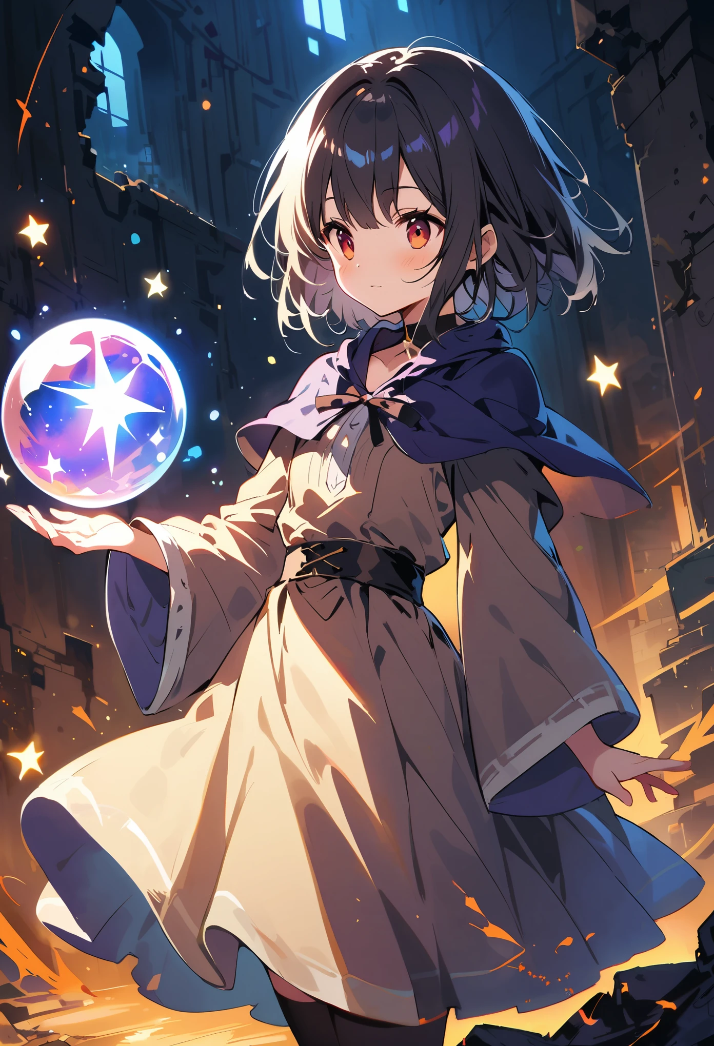 young wizard，A ball of light floating on your hand，sparkling,  In the ruins