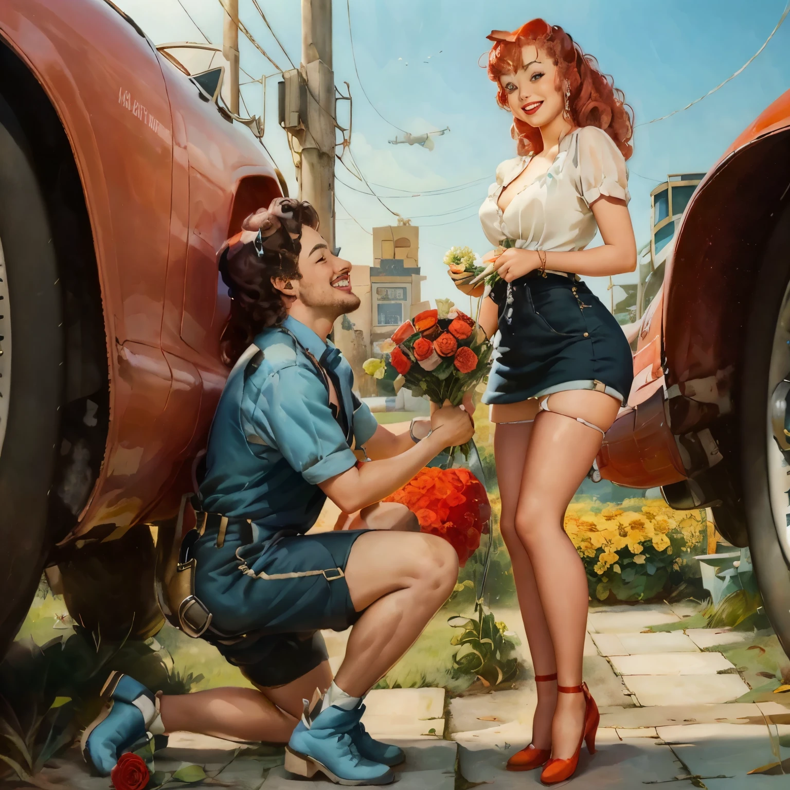 Obra-prima pin-up, homem de pé sobre um joelho, homem dando buquê de rosas para garota ruiva cacheada, menina sorrindo, No quintal da oficina de reparos de aviões. ensolarado, luz dinâmica