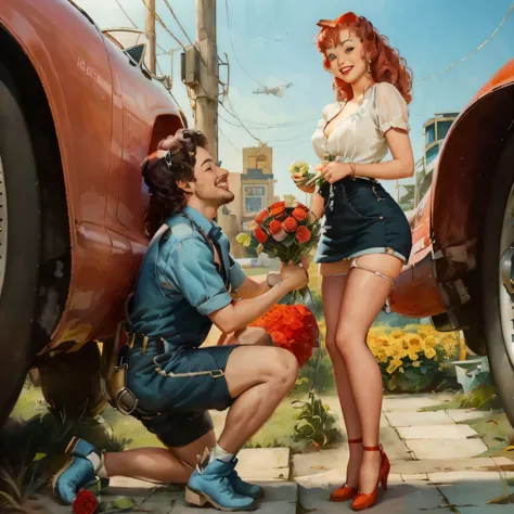 Pinup masterpiece, man standing on one knee, man giving bouquet of roses to curly red-haired girl, girl smiling, In the backgrou...