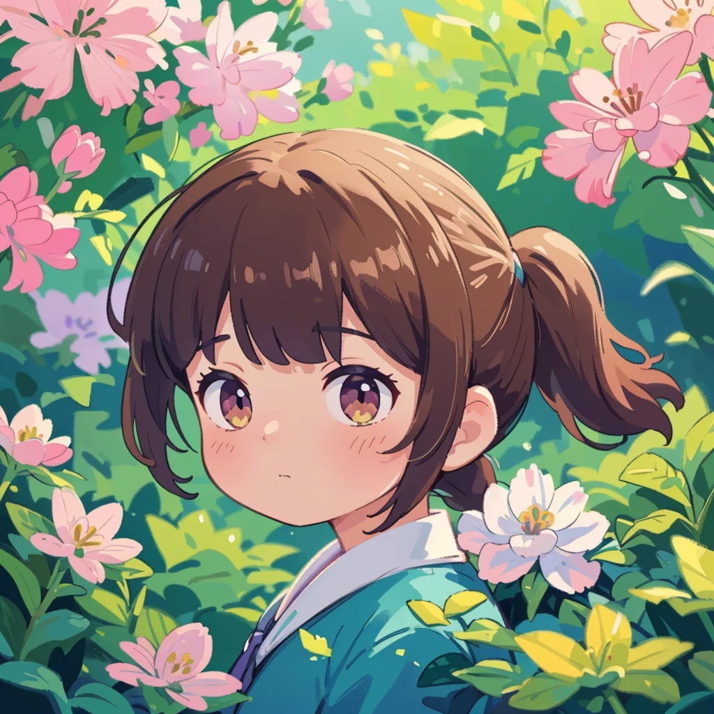 (best quality:1.2, high-res, ultra-detailed, realistic:1.37), woman wearing a shirt, viewed from the side, with a ponytail, vibrant colors, soft lighting, oil painting, detailed brushwork, gentle breeze, blooming flowers, serene garden, tranquil atmosphere.