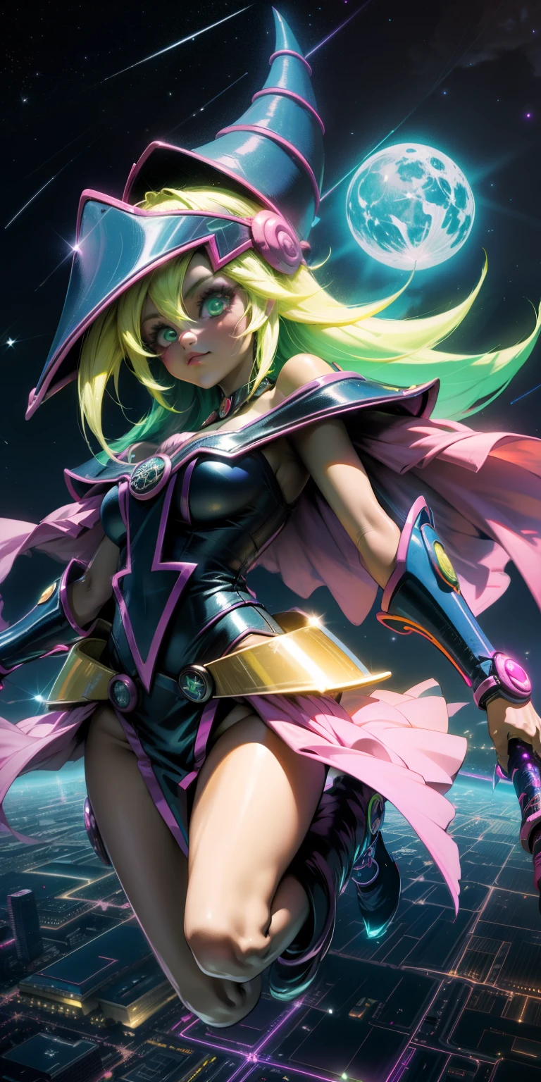 Mujer preciosa dark magician girl ( neon cyberpunk ), The neon sings, neon lighting, RTX chica maga oscura iluminando volando en el aire. Encima de la ciudad a media noches. Luna llena. Cielos de estrellas. Mago oscuro volando