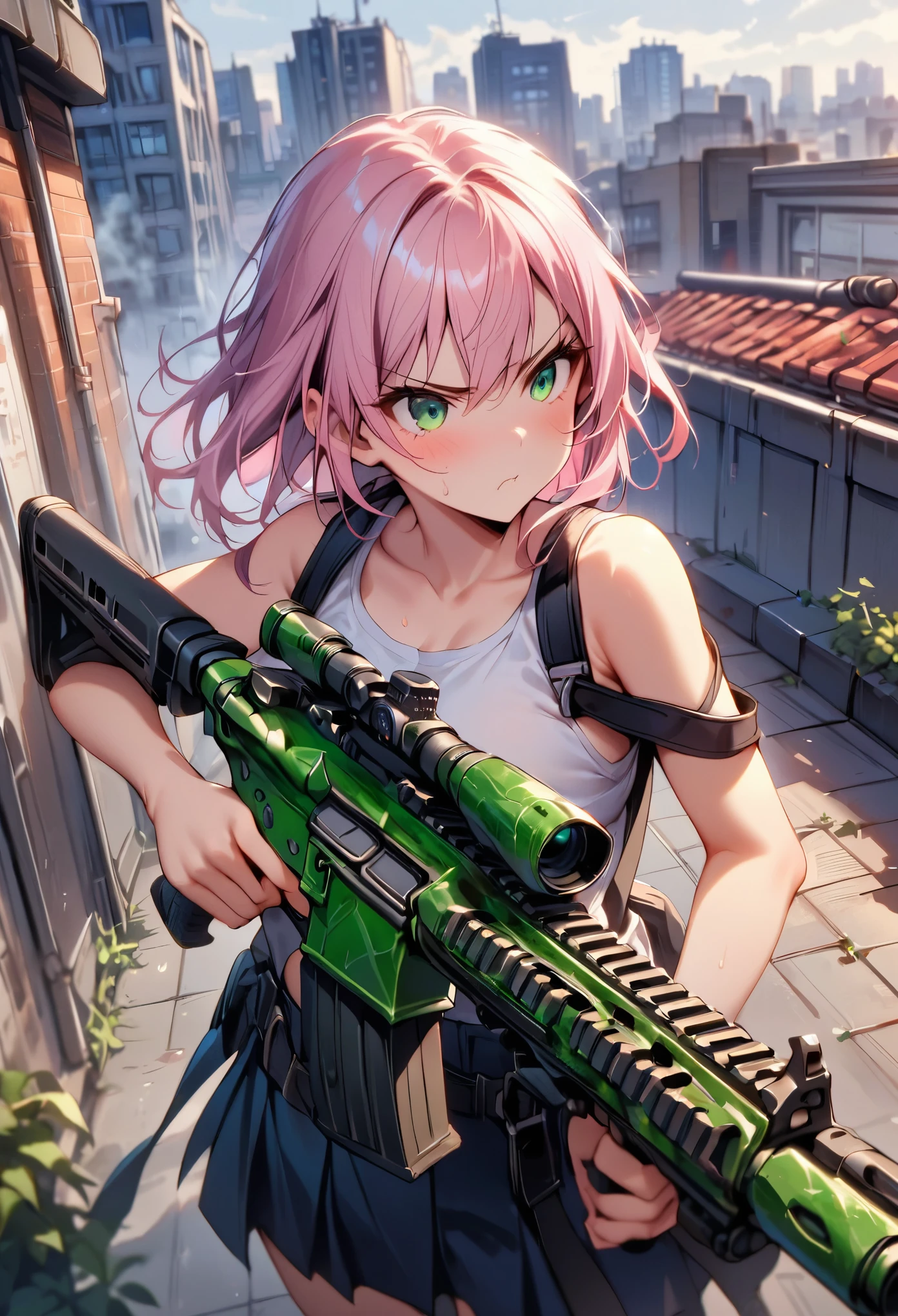 A woman holding a rifle in her hands on a rooftop - SeaArt AI