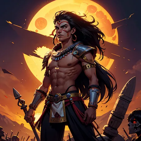 male aztec warrior, sun, tonatiuh, spears, eclipse, sun and moon eclipse background, skeletons in background