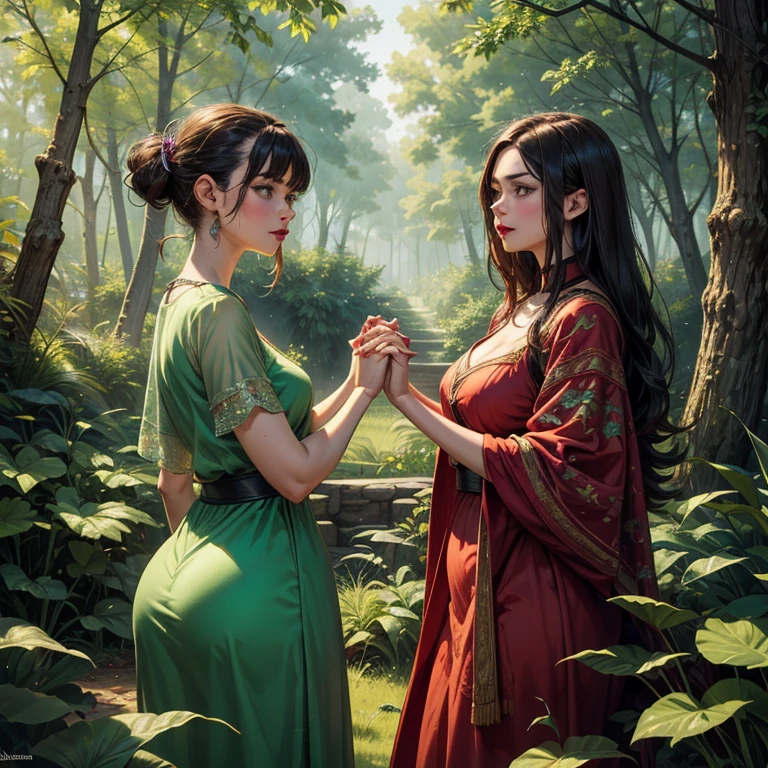 highly detailed, masterpiece, wide shot, Two thicc girls holding hand in a beatiful and lush green forest, recreate the feeling of taking psychedelics in a forest, red and purple hair, flower power, woodstock, full red lips, detailed eyes, flower embroidery, see through dress, holding hand standing 