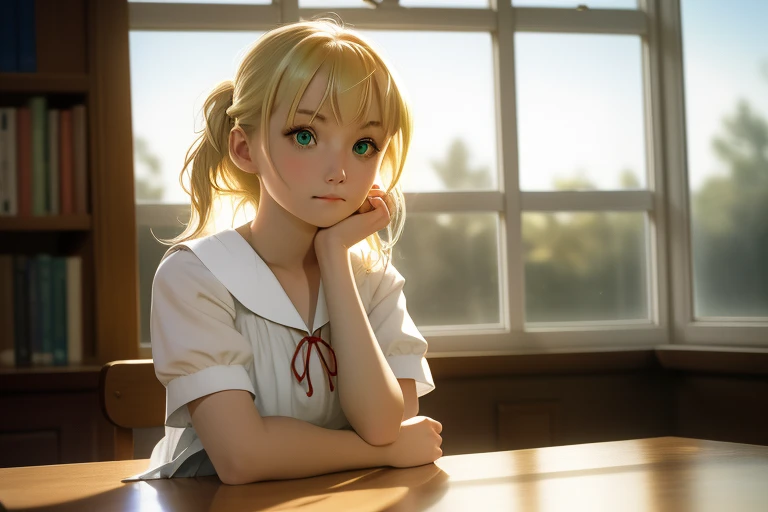 ((masterpiece,highest quality, High resolution)), 1 girl, alone, green eyes, long blonde hair tied with a blue ribbon, dull bangs, sitting, arms crossed on the table, sleep with arms crossed, , white serafuku, red sailor collar, short sleeve, white pleated skirt, (at the library), dramatic light, next to the window, afternoon light through the window, afternoon, Bokeh effect