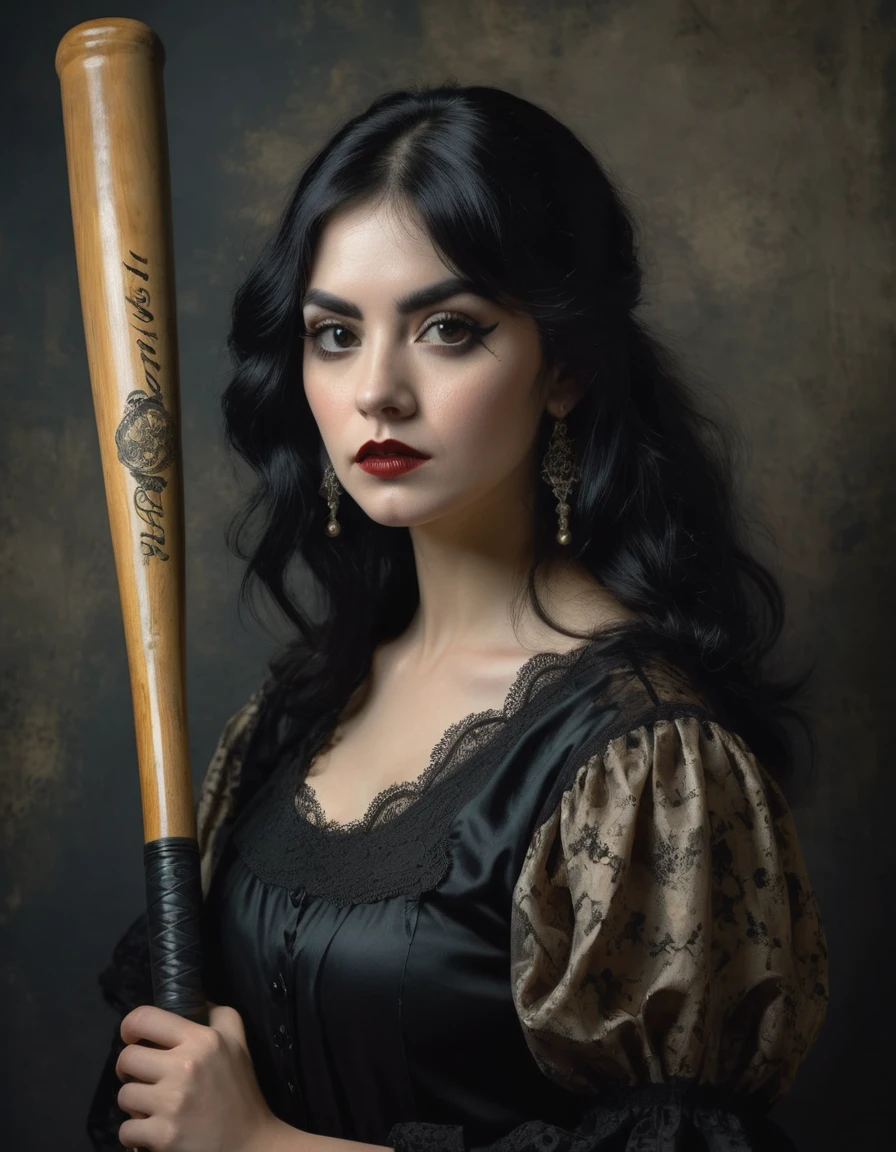 A beautiful woman with black hair and lace holding an antique baseball bat, painted in the style of Francisco Goya in a dark gothic aesthetic style.