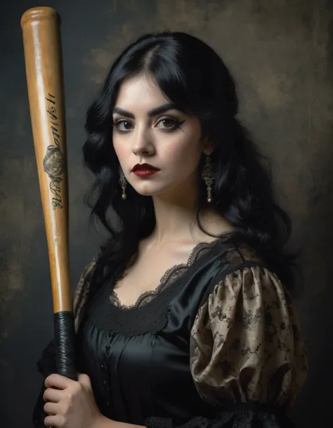 A beautiful woman with black hair and lace holding an antique baseball bat, painted in the style of Francisco Goya in a dark got...