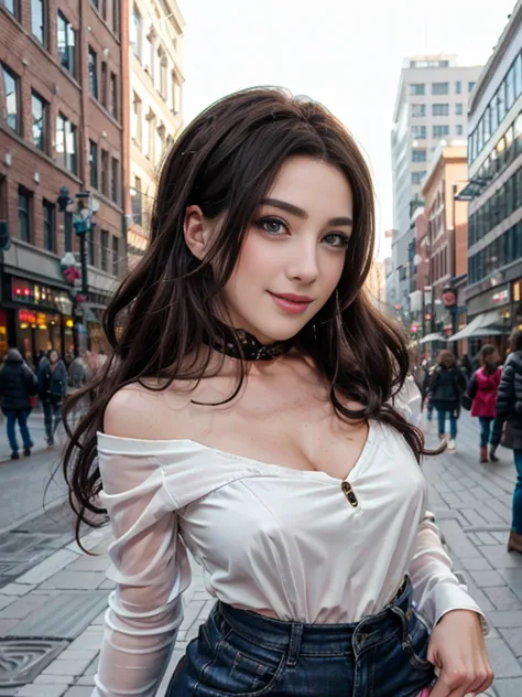 In the winter downtown scenery、A highly detailed and realistic cowgirl with dark hair looks at the viewer with a smile。The video...