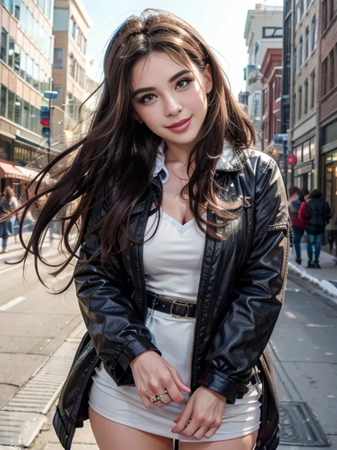 In the winter downtown scenery、A highly detailed and realistic cowgirl with dark hair looks at the viewer with a smile。The video...