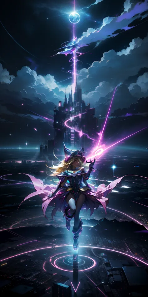 Mujer preciosa dark magician girl ( neon cyberpunk ), The neon sings, neon lighting, RTX chica maga oscura iluminando volando en...