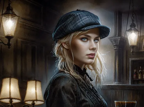 blond woman with blue eyes, wears a deerstalker cap, dressed like Sherlock Holmes, hyperrealistic , 28 years old, masterpiece, w...