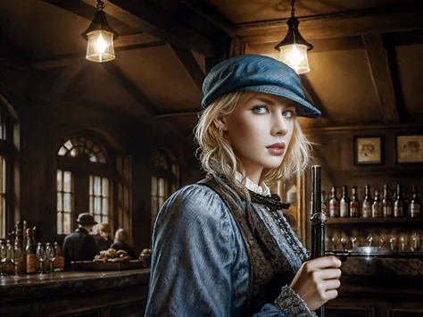 blond woman with blue eyes, wears a deerstalker cap, dressed like Sherlock Holmes, hyperrealistic , 28 years old, masterpiece, w...