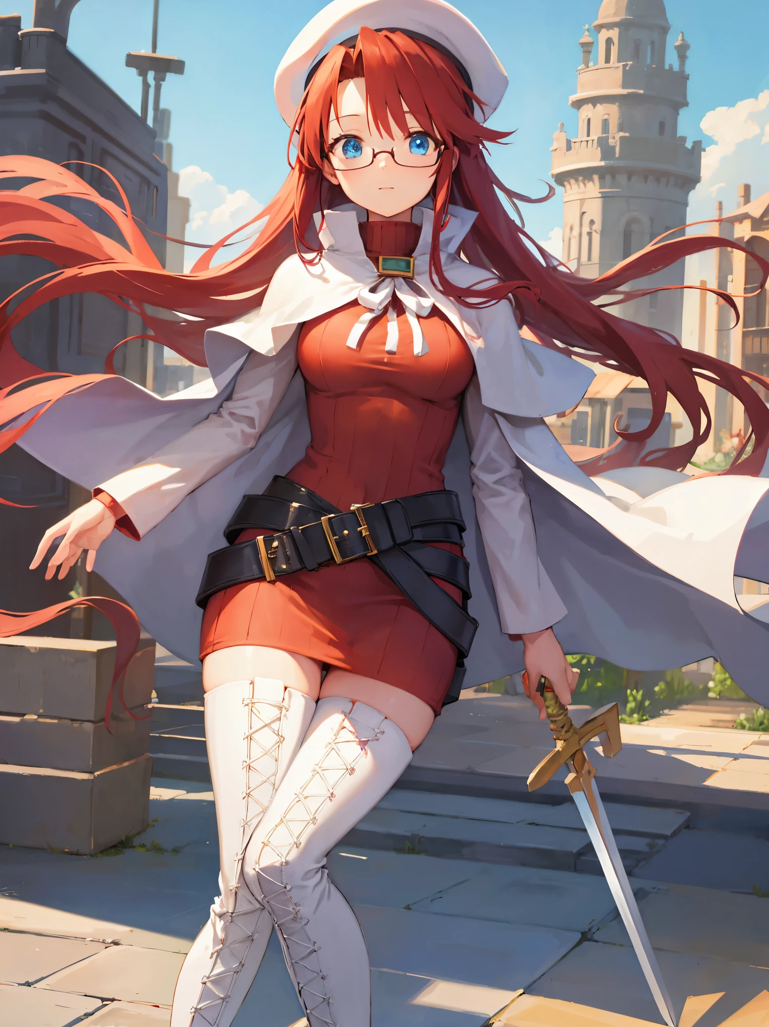 summonnightaty, aty, long hair, blue eyes, red hair, beret, hat, glasses,
BREAK long hair, thighhighs, hat, dress, boots, glasses, belt, cape, sweater, zettai ryouiki, beret, thigh boots, white footwear, ribbed sweater, loose belt,solo,
BREAK outdoors, fantasy,on_a_ship,
BREAK (masterpiece:1.2), best quality, high resolution, unity 8k wallpaper, (illustration:0.8), (beautiful detailed eyes:1.6), extremely detailed face, perfect lighting, extremely detailed CG, (perfect hands, perfect anatomy),covered_nipples,covered_navel,light_smile ,(half_eyes:1.4),sword,armpit,sleepy,dynamic_standing,barrel,red_sweater,apart_legs,magical_effect,back,