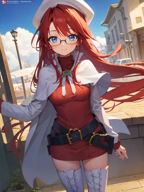 summonnightaty, aty, long hair, blue eyes, red hair, beret, hat, glasses,
break long hair, thighhighs, hat, dress, boots, glasse...