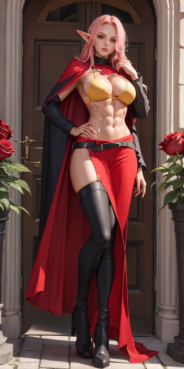 Full body, masterpiece, female drow elf purple skin standing pose (yellow tiger bikini), red cape, red bikini, long white hair, strong body, abs, Shiny Skin, Sunglasses, FEMALE, big breasts, voluminous breasts, curvy breasts, mesh stockings, standing with a bouquet (red roses), full height, bottom view, best quality, very detailed, ultra 8k resolution,huge breast, coat , vest, long skirt, portrait, full body, victorias clothing, long dress, knight, pants, black skinn suit, medieval city, plants, vest,polo shirt, forest, long skirt
