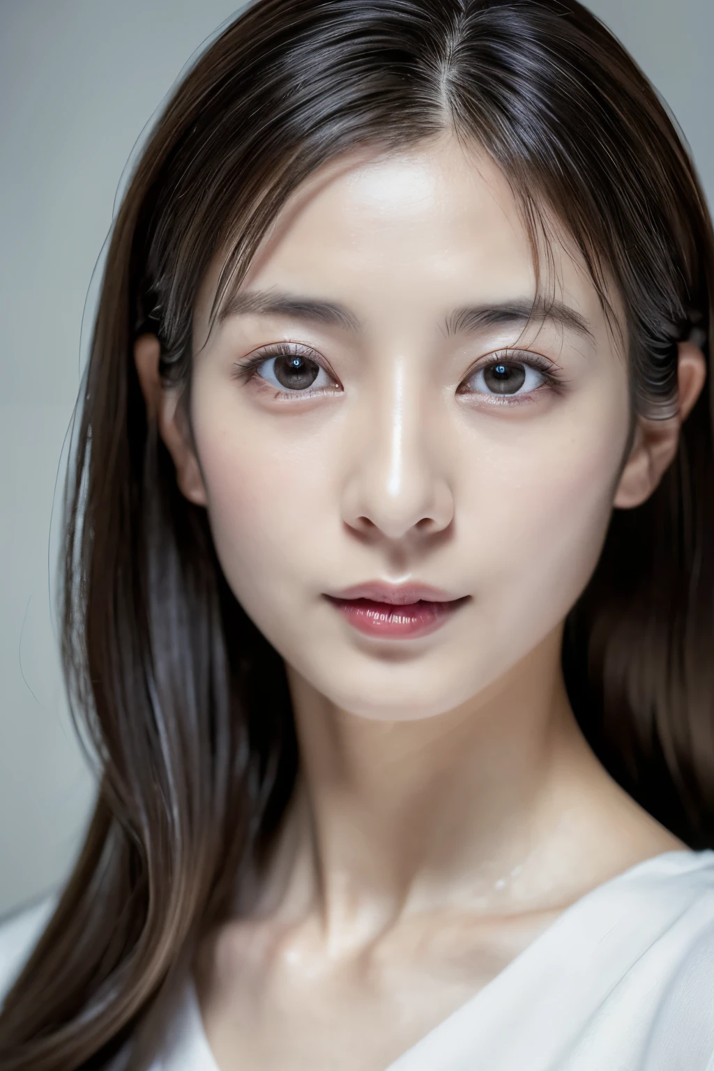 (masterpiece:1.3), (Photorealsitic, Raw photography, top-quality: 1.4), Skinny Japanese woman, 30 years old, (1girl in), (Lifelike face), detailed face, detailed eyes, (A dark-haired, Long hair:1.3), (real looking skin), (silver camisole), Ultra high resolution, A hyper-realistic, high-detail, 