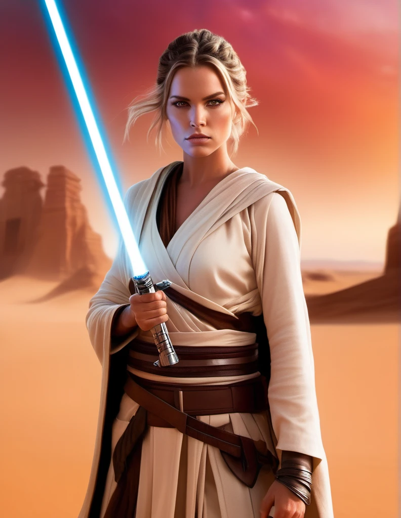 "Create an ultra-realistic and highly detailed photograph of a Jedi warrior, captured in the style of photographer Greg Rutkowski. The portrait frames the Jedi from the waist up, showcasing her fierce and determined pose amidst the desert landscape and ancient temple ruins.

The Jedi, with her straight white hair cut just above her shoulders and a straight fringe framing her face, exudes a sense of fierce determination. Her eyes, a piercing yellow, glint with an intense ferocity, and her fair skin with freckles is accentuated by black markings around each eye, giving her a warrior-like appearance.

Dressed in a Jedi outfit made of black leather with intricate pink details, she stands with a stance of a warrior, ready for battle. Her black leather belt, adorned with small pouches and compartments, holds her lightsaber with a golden hilt and a crimson blade, emitting a vibrant red glow that reflects the fire in her eyes.

The background of the portrait is a desert landscape with ancient temple ruins in stone, blurred to create a sense of urgency and focus on the Jedi warrior herself. The sandy hues of the desert contrast with the dark ruins, adding to the intensity of the scene.

Greg Rutkowski's signature style of photography captures every detail of the Jedi's fierce pose, from the taut muscles in her arms to the determined set of her jaw. The result is a stunningly realistic portrait that invites the viewer to feel the power and determination radiating from the Jedi warrior.

This ultra-realistic illustration brings to life the essence of a Jedi warrior, standing raucously amidst the desolate beauty of the desert, ready to unleash her fury upon any who dare to challenge her."to life the essence of a young Jedi, standing strong and resolute amidst the desolate beauty of the desert, ready to face whatever challenges the galaxy may throw her way."