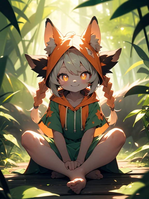 (masterpiece), best quality, warm lighting, looking at viewer, furry, cute red dragon girl, red twin braids, orange eyes, slit pupils, chibi, green tattered dress with a hood, (sitting on ground), sitting on floor, (legs spread), (spread legs), smile, sharp teet, forest,